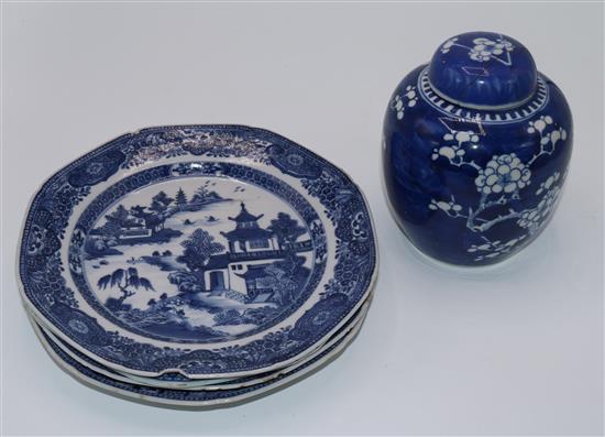 Two Chinese octagonal blue and white plates, 2 similar circular plates and a ginger jar and cover (5)(-)